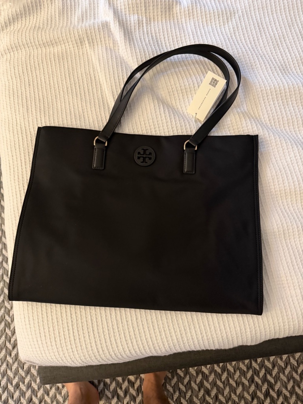 Tory Burch Black Nylon Tote with Leather Straps and Logo Medallion